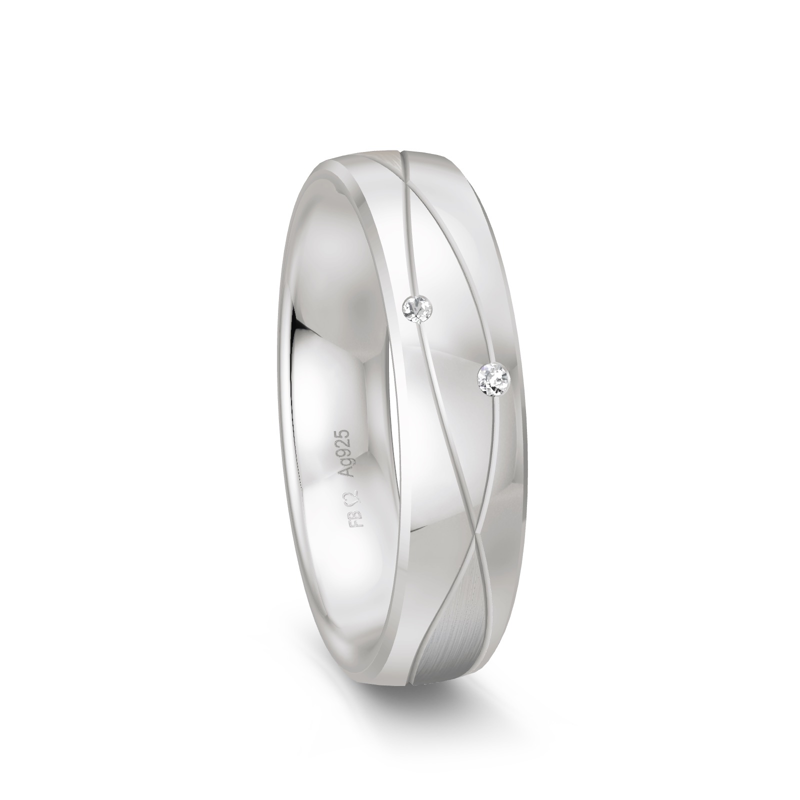 Ehering aus platiniertem Silber 925 mit Rillenmuster und zwei Diamanten
