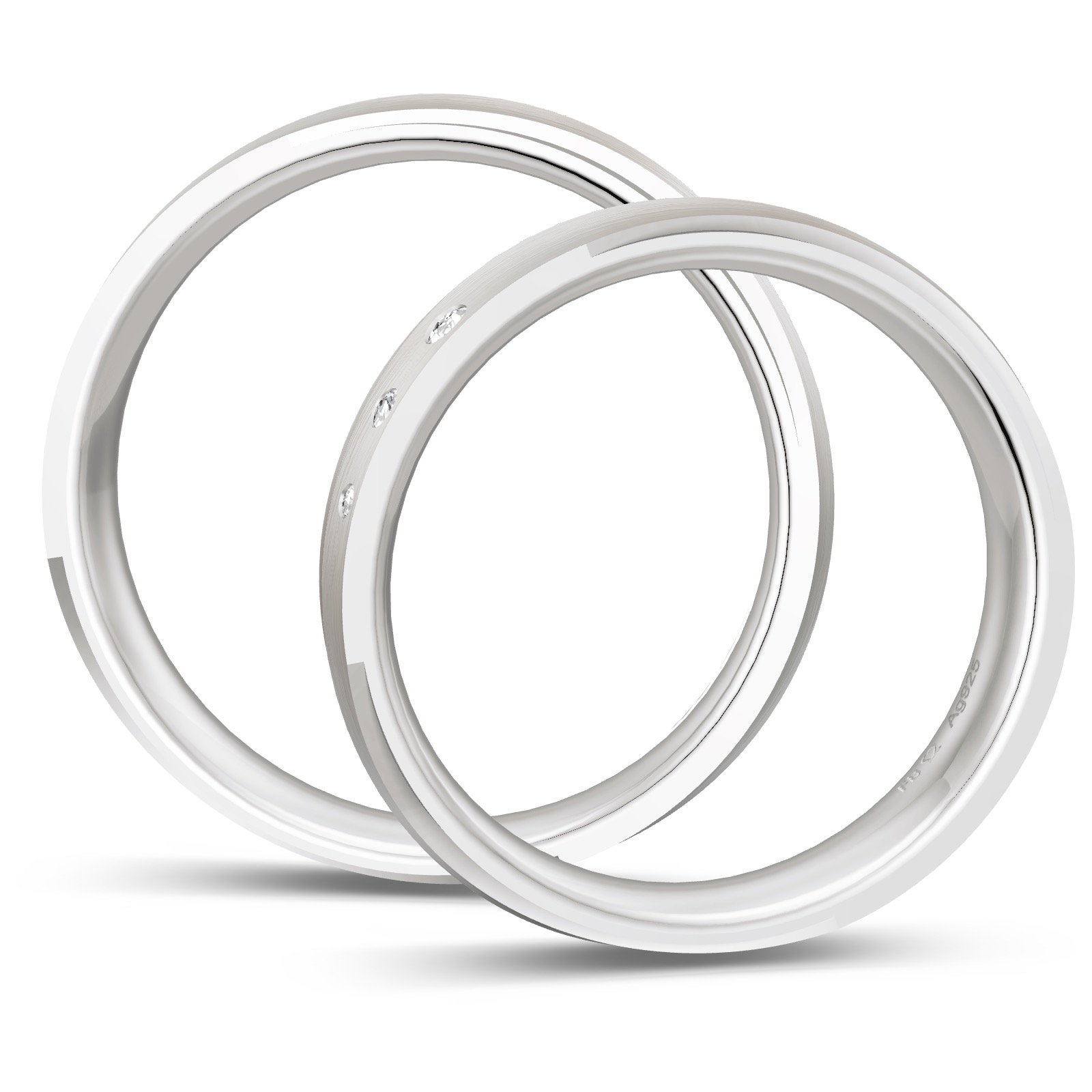 Eheringe aus Silber platiniert 925 längsmattiert mit 3 Diamanten und poliertem Rand in Seitenansicht
