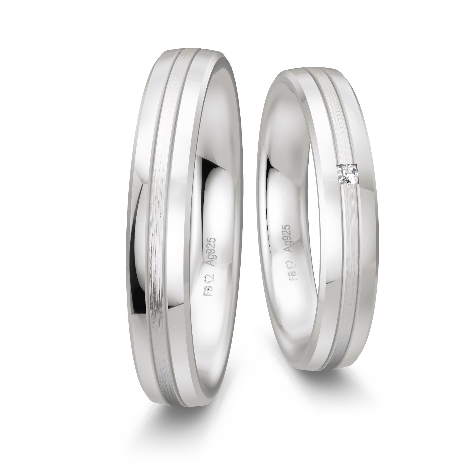 Trauringe aus Silber 925 platiniert mit polierten Rändern und Diamanten
