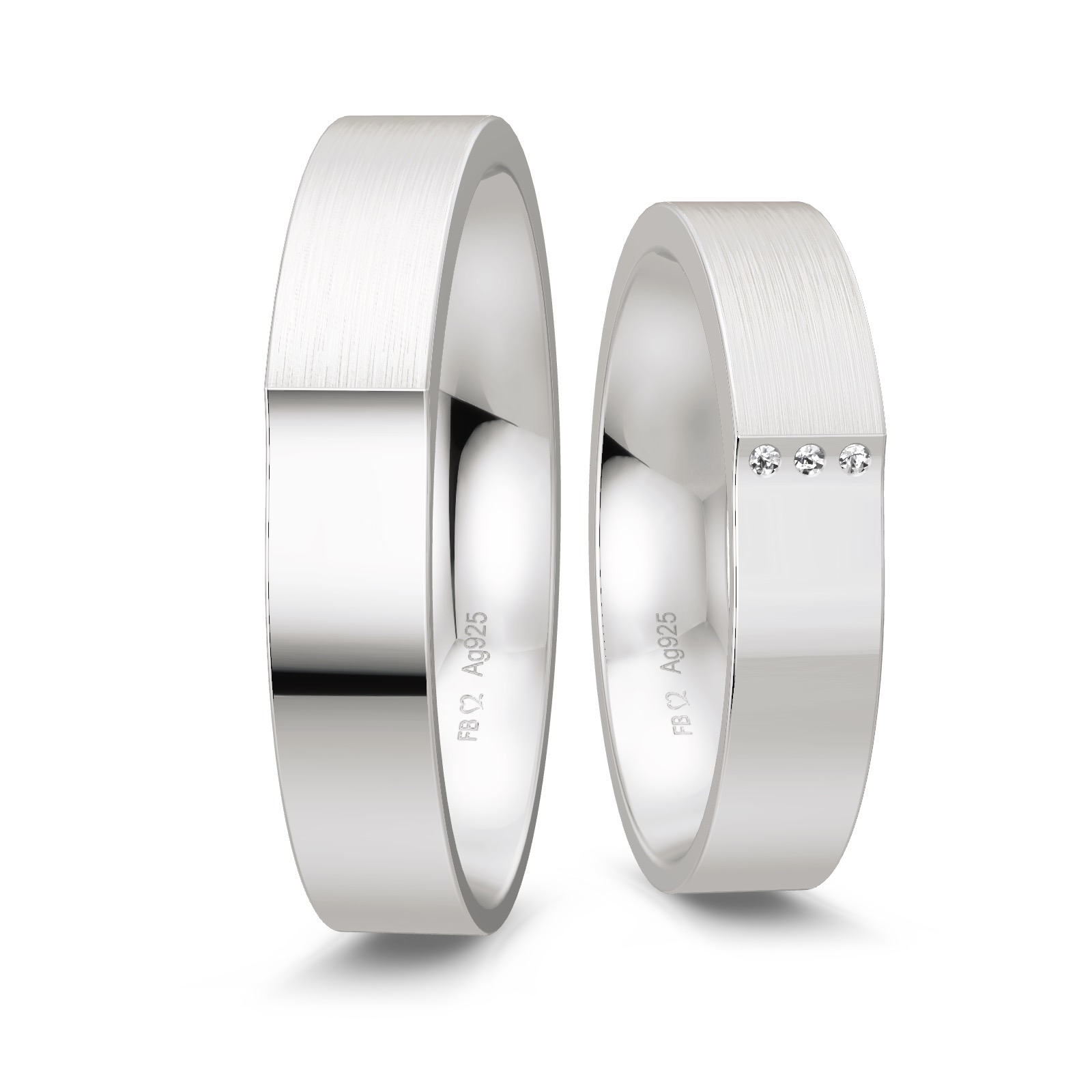 Trauringe aus Silber platiniert 925 mit drei Diamanten im Knick