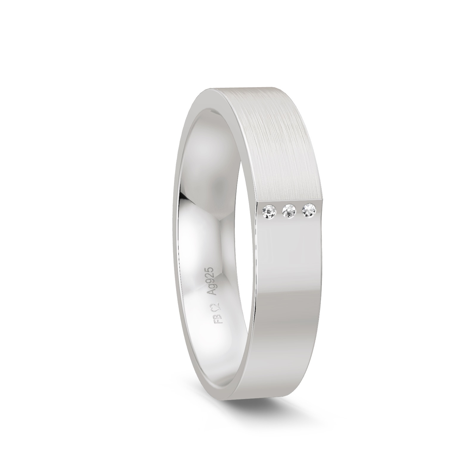 Trauring aus Silber platiniert 925 mit drei Diamanten im Knick