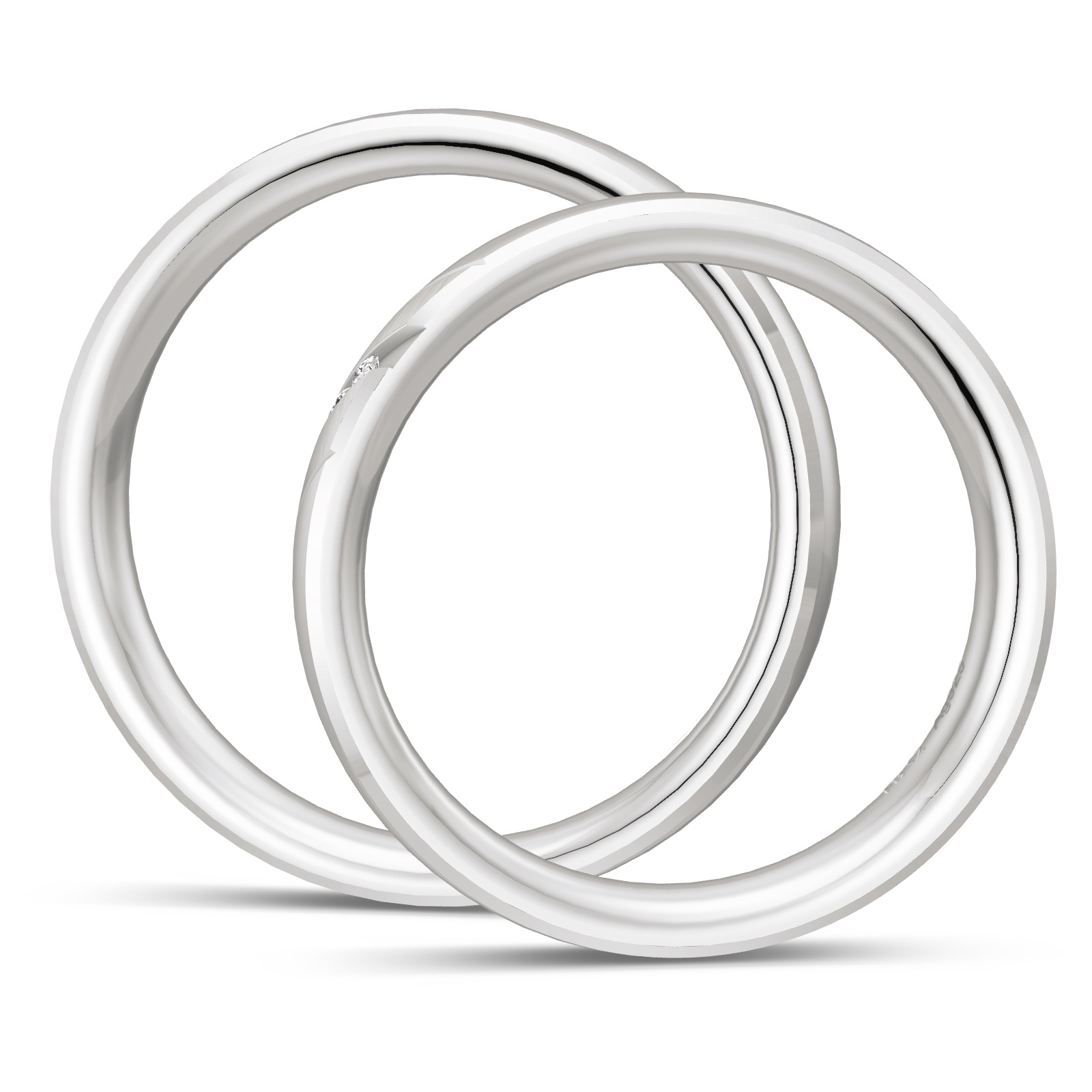Eheringe aus platiniertem 925 Silber mit zwei Diamanten und schrägen Rillen in Seitenansicht