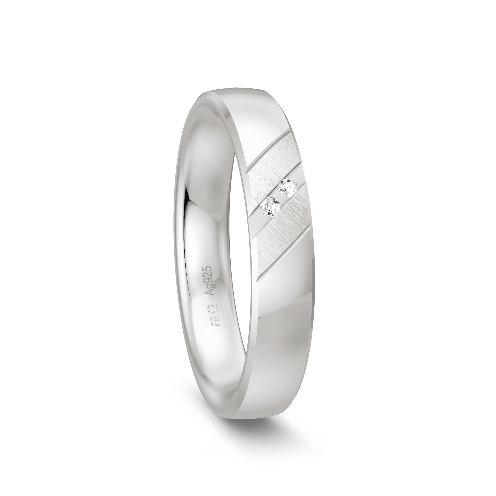 Ehering aus platiniertem 925 Silber mit zwei Diamanten und schrägen Rillen