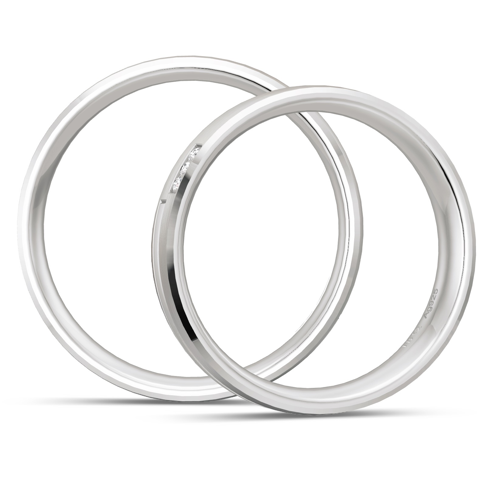 Eheringe aus platiniertem Silber 925 mit drei Diamanten und Streifenmuster in Seitenansicht