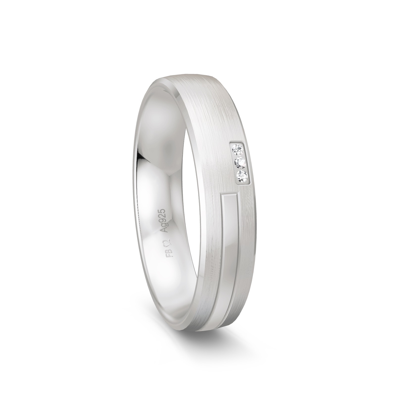 Ehering aus platiniertem Silber 925 mit drei Diamanten und Streifenmuster