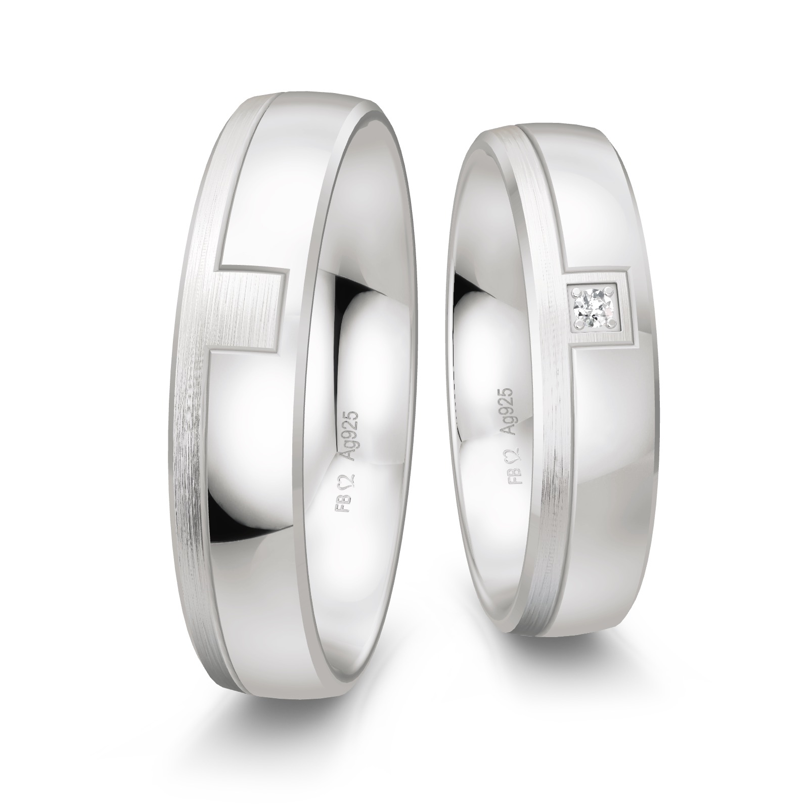 Trauringe aus Silber 925 platiniert mit Rechtseck und Diamanten