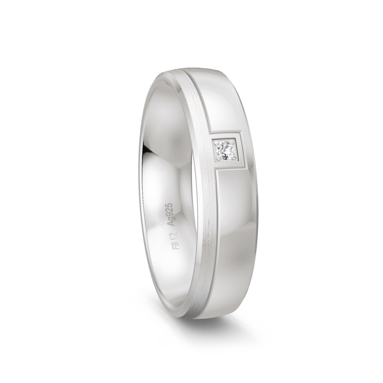 Trauring aus Silber 925 platiniert mit Rechtseck und Diamanten
