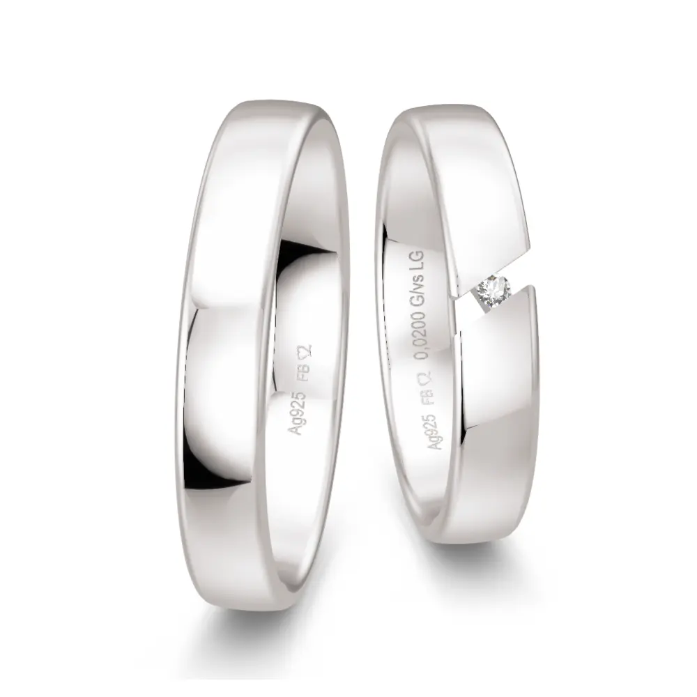 Schmale Trauringe aus Silber 925 mit Labor Diamanten in Spannfassung und Polierung
