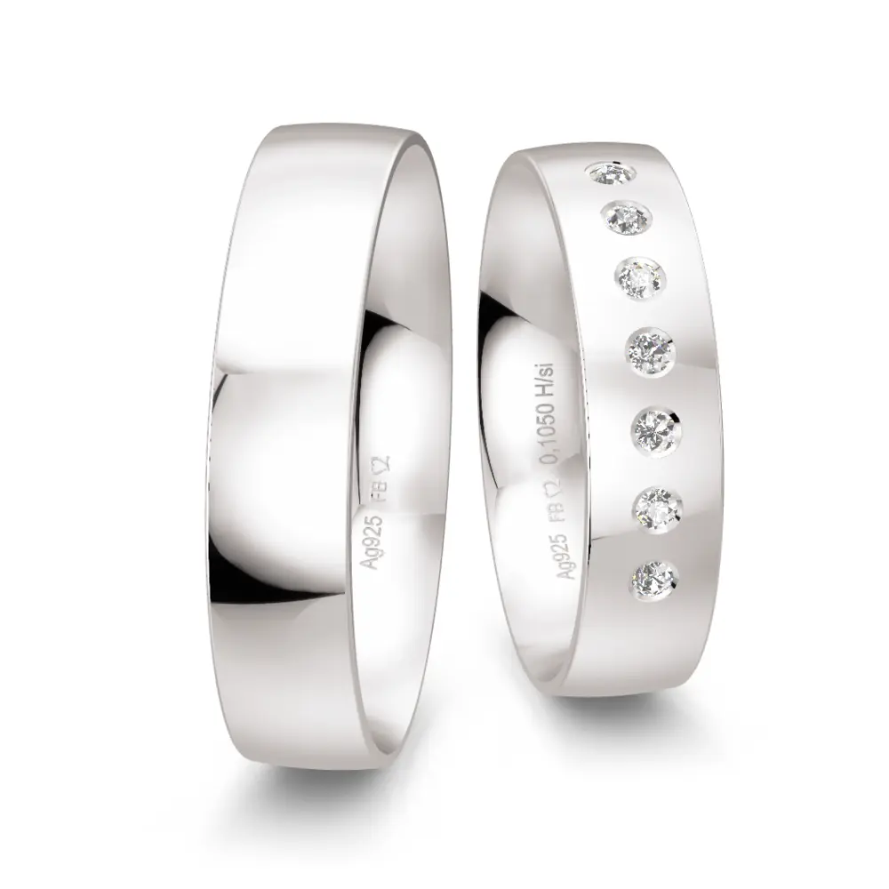 Polierte Trauringe aus Silber 925 mit 7 Labor Diamanten in Reihe