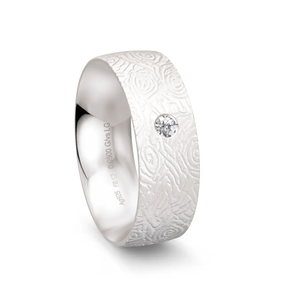 Ehering aus Silber 925 mit 0,05 Karat Labor Diamanten und Maserung
