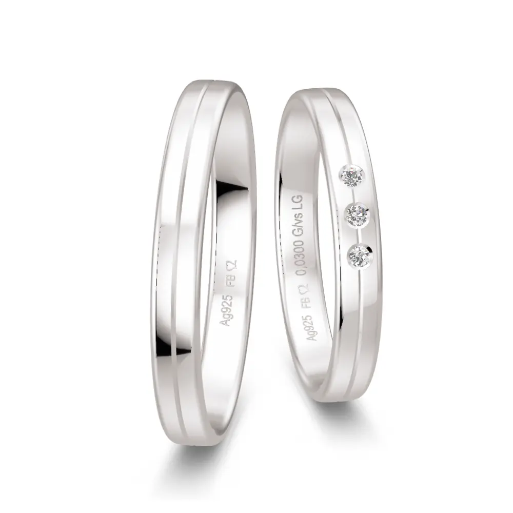 Schmale Trauringe aus Silber 925 mit Labor Diamanten und Mittelrille