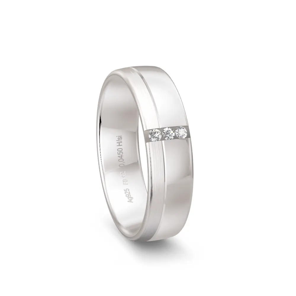 Silber 925 Ehering mit Polierung und mattem Streifen und 3 Diamanten