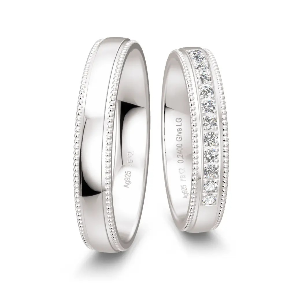 925er Silber Trauringe mit Millgriff Design und 12 Labor Diamanten