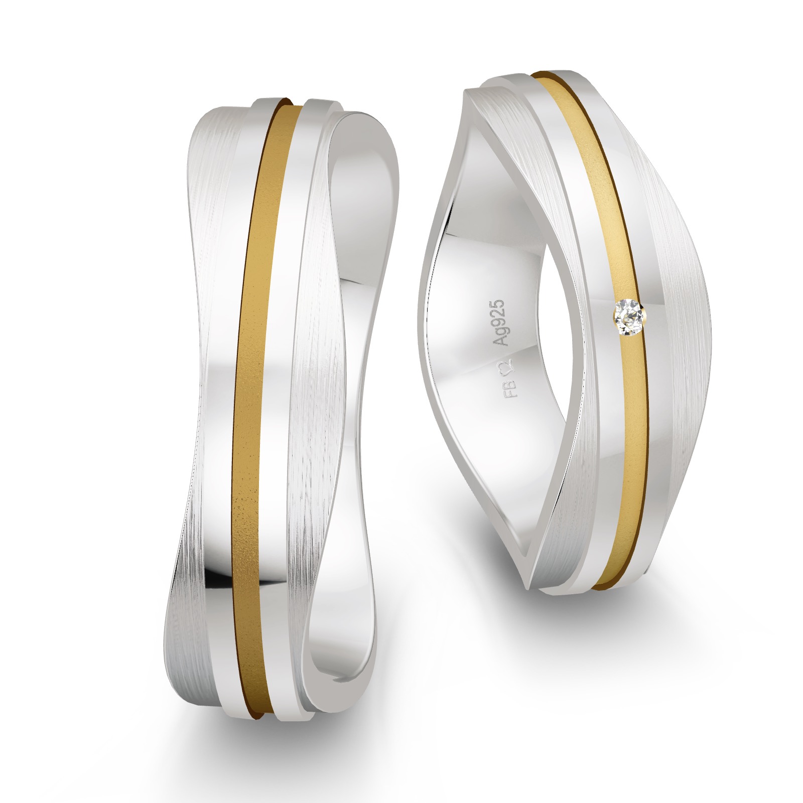 Eheringe aus platiniertem Silber 925 mit Diamanten und 14K Gelbgold