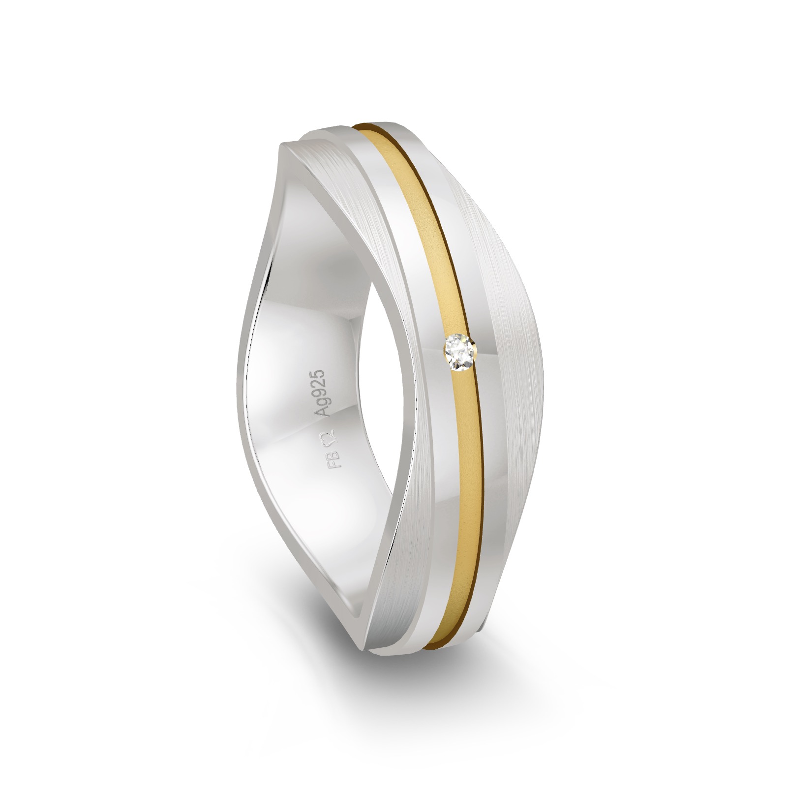 Ehering aus platiniertem Silber 925 mit Diamanten und 14K Gelbgold