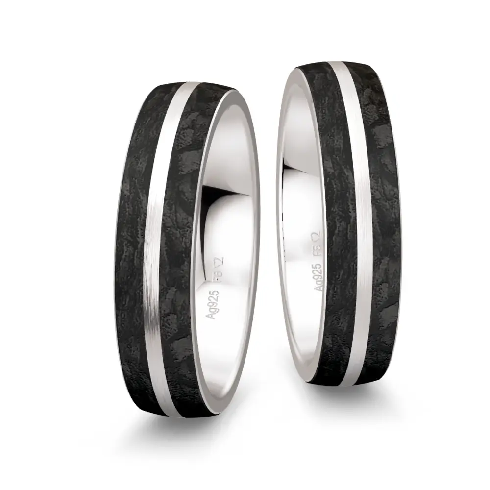 Silber 925er Trauringe mit zwei Carbonstreifen