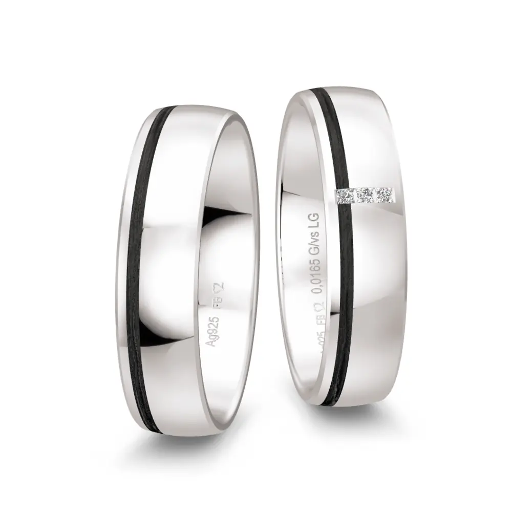 Bicolore polierte Silber 925er Trauringe mit Carbon und 2 Labor Diamanten