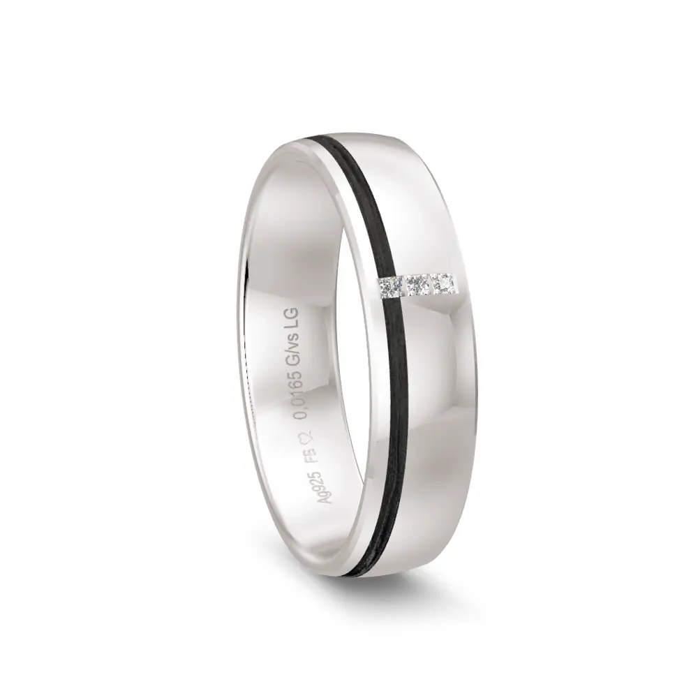 Bicolorer polierter Silber 925er Trauring mit Carbon und 2 Labor Diamanten