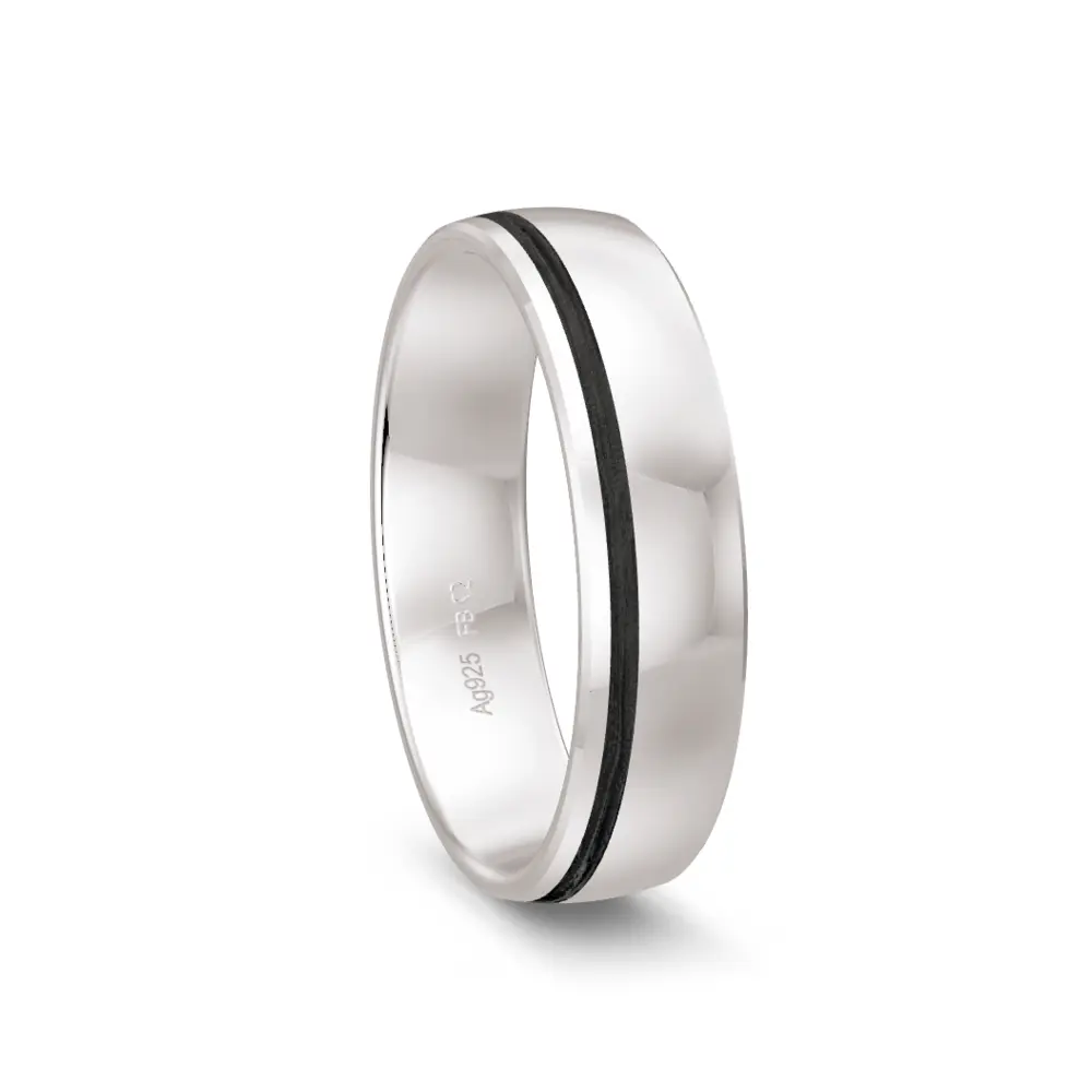 Bicolorer polierter Silber 925er Trauring mit Carbon