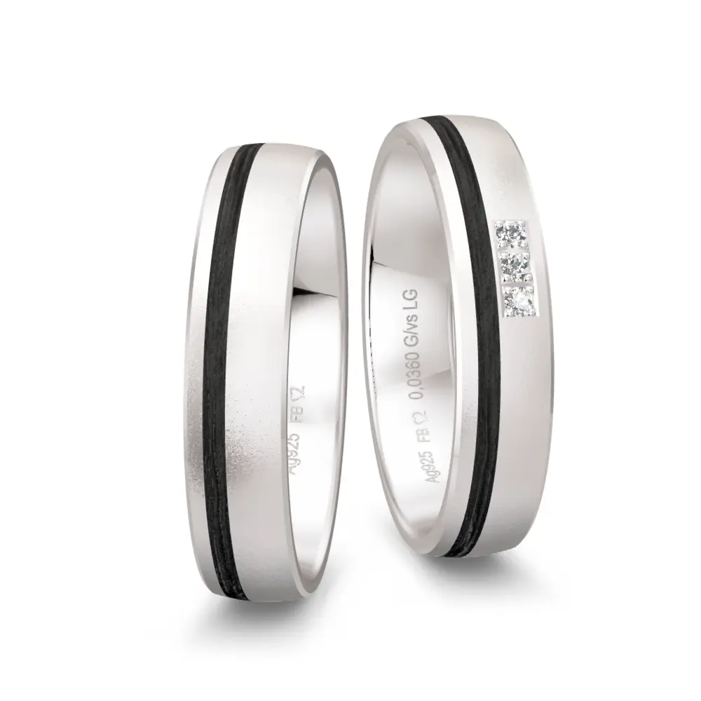 Schmale Silber 925er Trauringe mit 3 Labor Diamanten und Sandmattierung