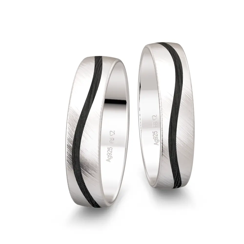 quermatte 925er Trauringe mit welligem Carbonstreifen