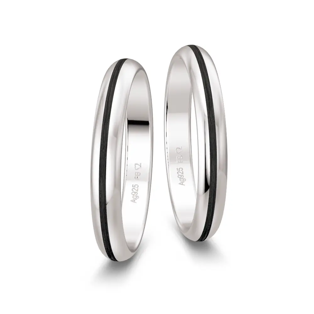 Schmale 925er Trauringe mit Polierung und Carbonstreifen