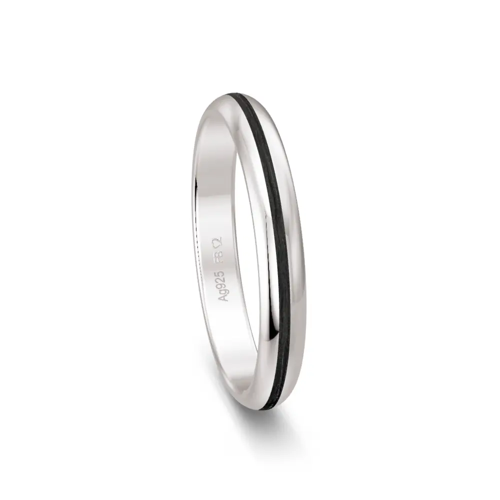 Schmaler 925er Trauring mit Polierung und Carbonstreifen