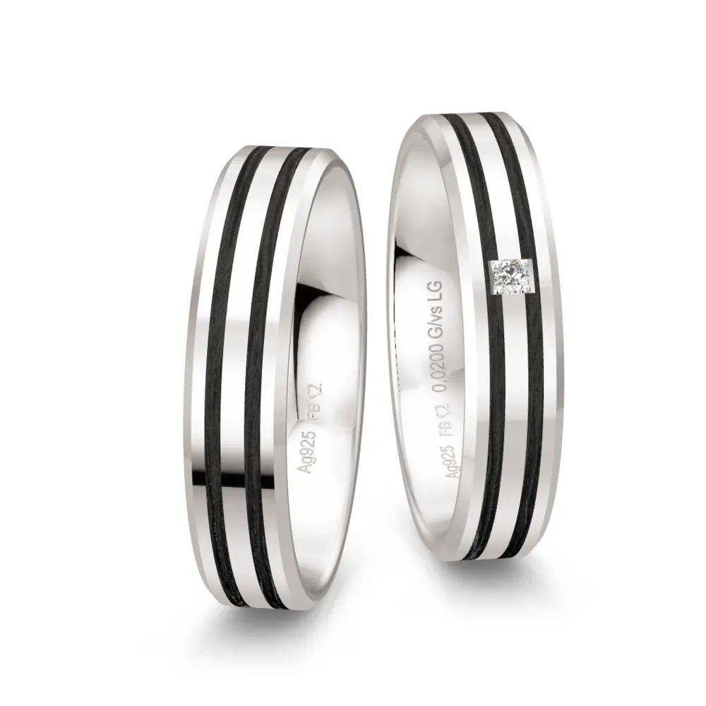 Polierte Silber 925er Trauringe mit zwei Carbonstreifen und Labor-Diamanten