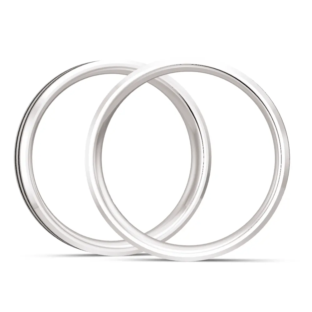 Polierte Silber 925er Trauringe mit zwei Carbonstreifen und Labor-Diamanten seitlich