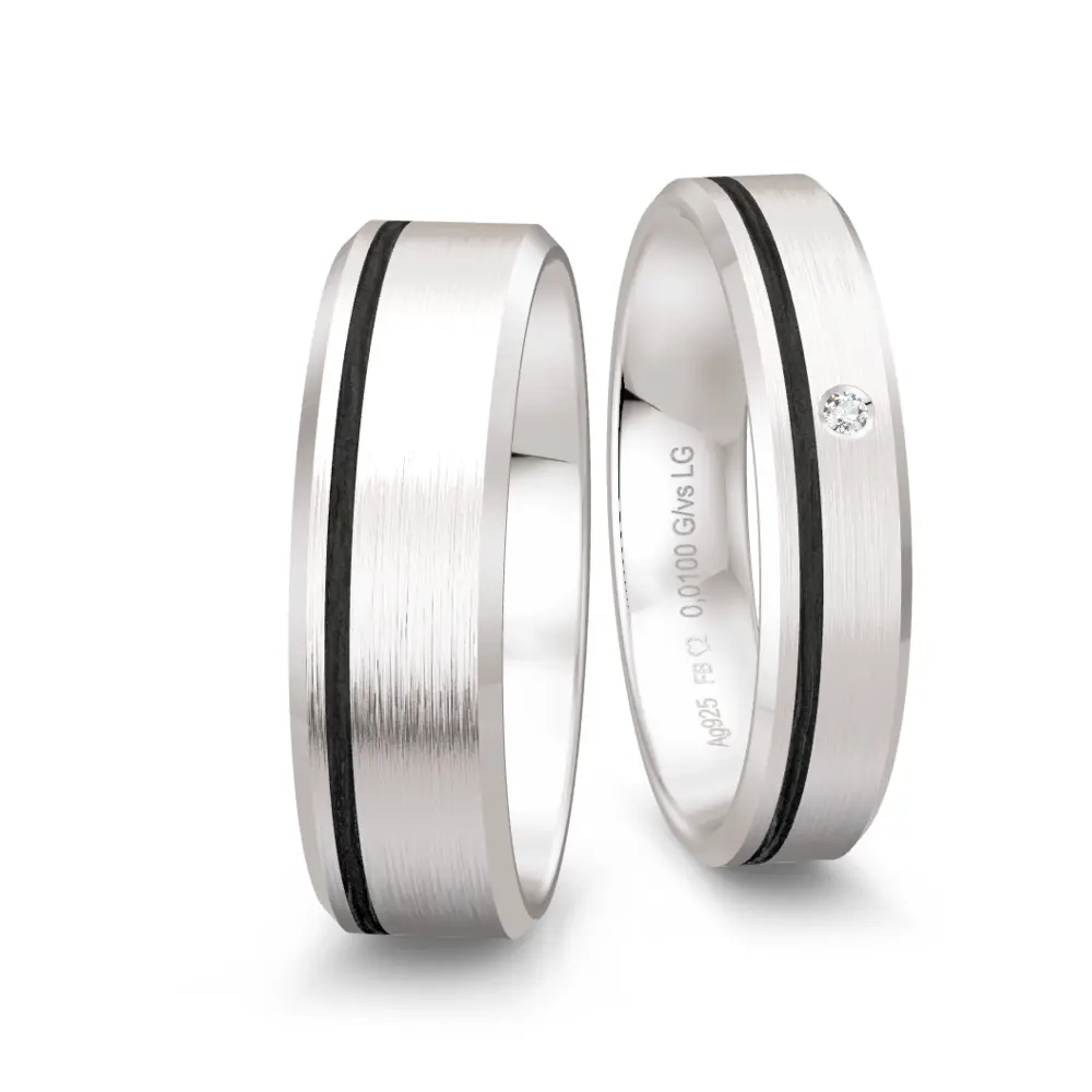 Silber 925er und Carbon Trauringe mit Labor-Diamanten in zwei Breiten