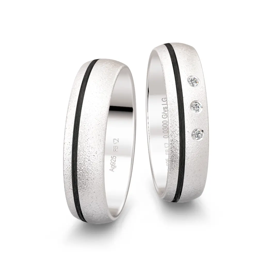 Silber 925er und Carbon Trauringe mit Labor-Diamanten und Sandmattierung