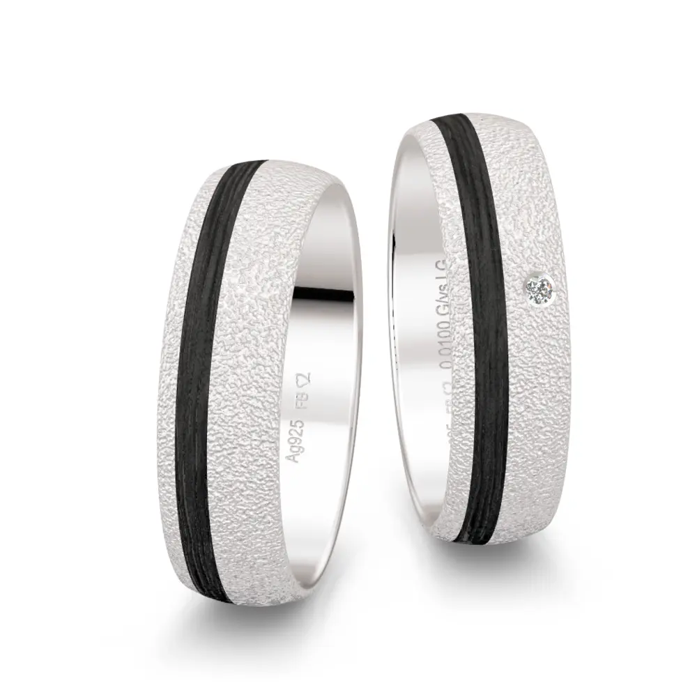 Silber 925er und Carbon Trauringe mit Labor-Diamanten in strukturierter Oberfläche