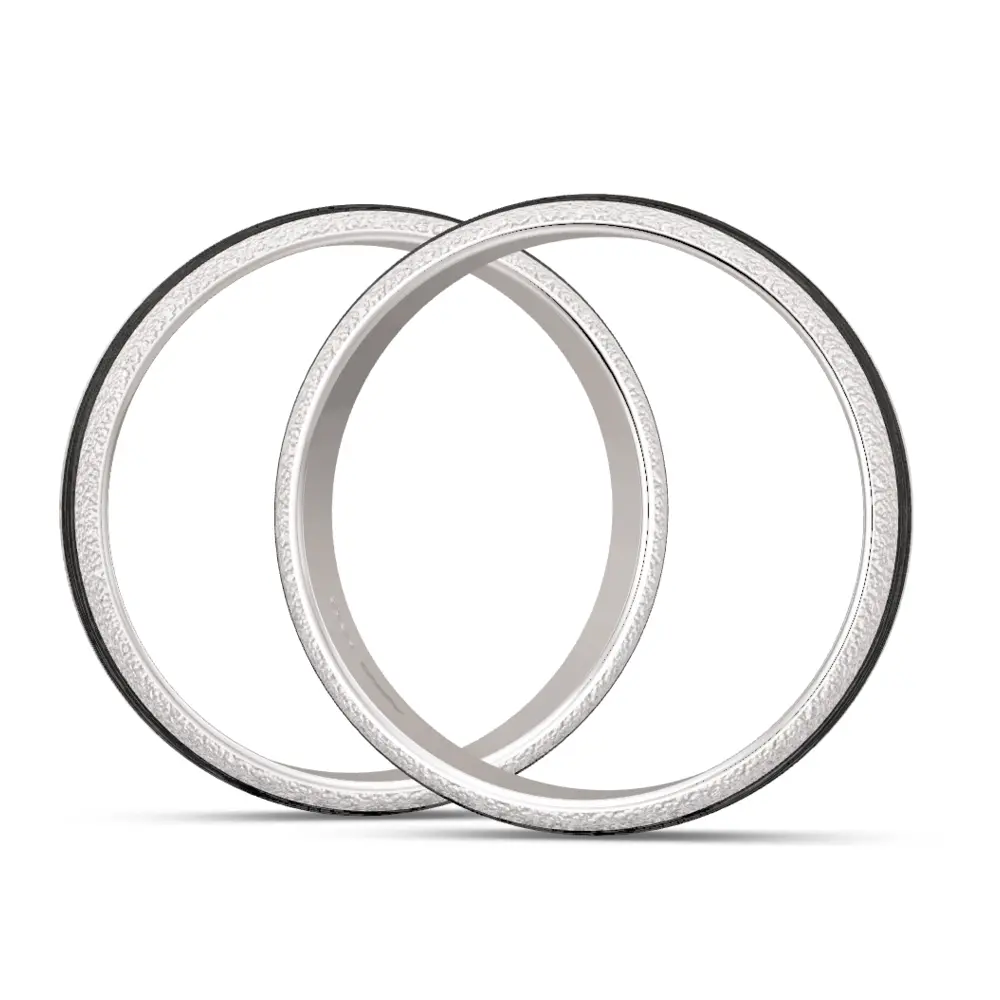 Silber 925er und Carbon Trauringe mit Labor-Diamanten in strukturierter Oberfläche seitlich