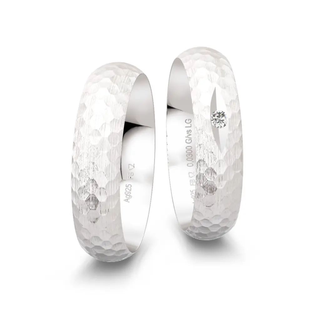 Außen gerundete 925er Silber Trauringe mit Labor-Diamanten in augenförmiger Vertiefung