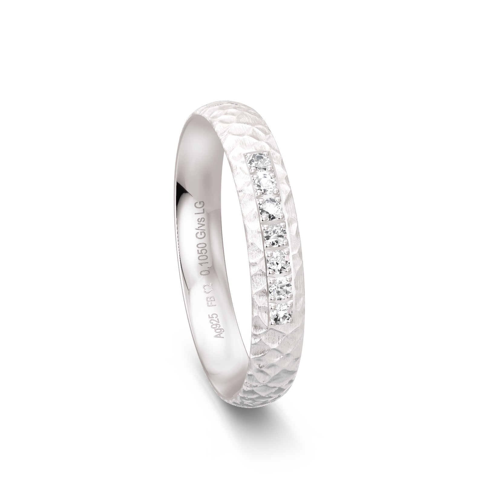 Schmaler Silber Ehering mit Hammerschlag-Oberfläche und Labor-Diamanten