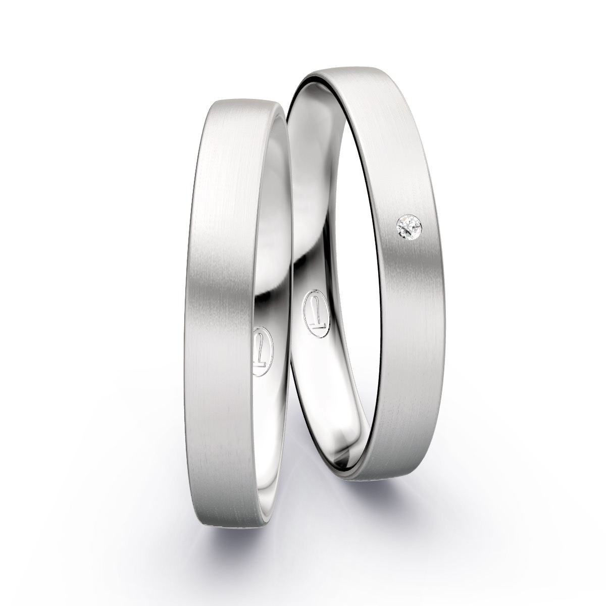 Schmale Silber 925 Eheringe mit längsmatter Oberfläche und Diamant