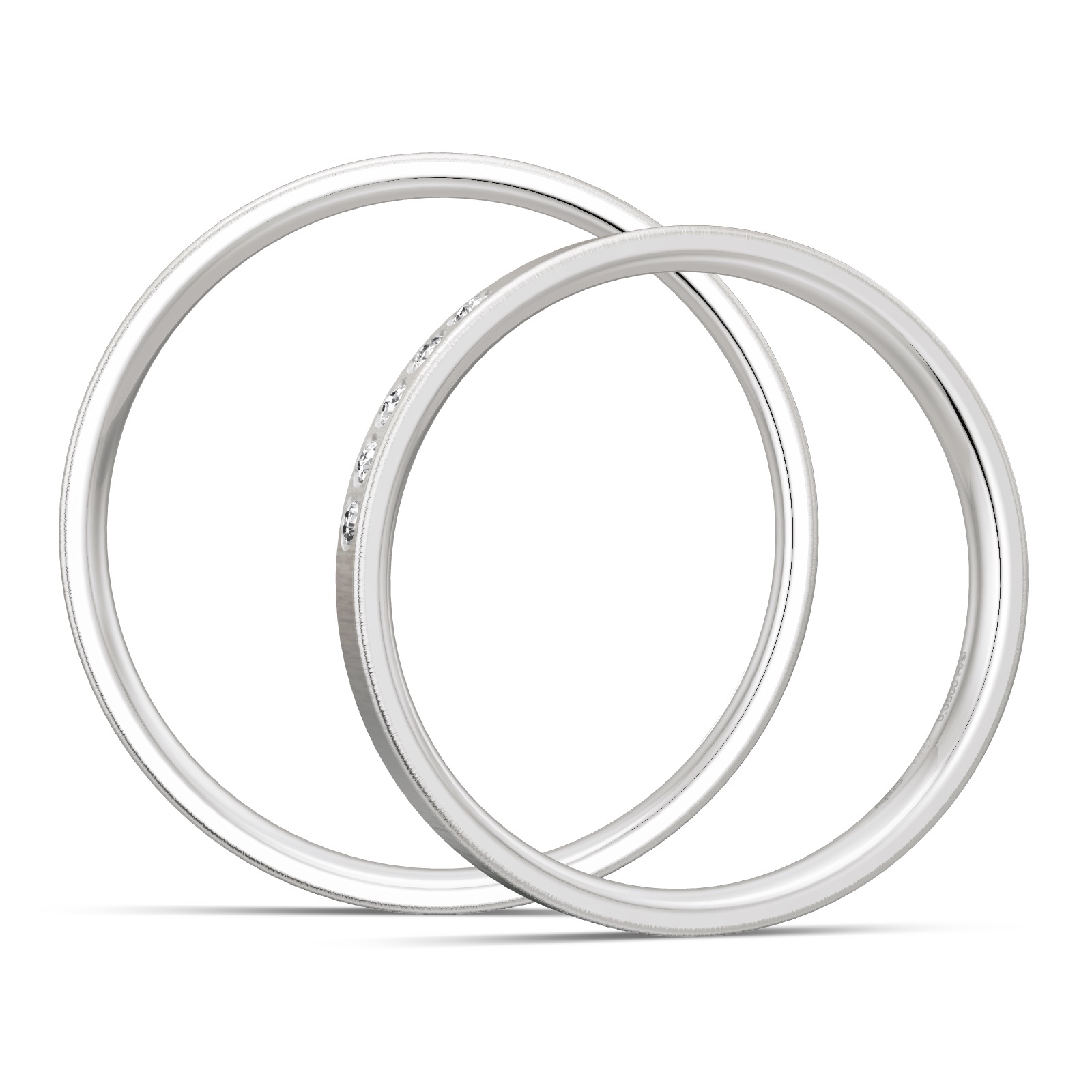 Schmal designte quermatte Eheringe aus Silber mit 5 Diamanten in Seitenansicht