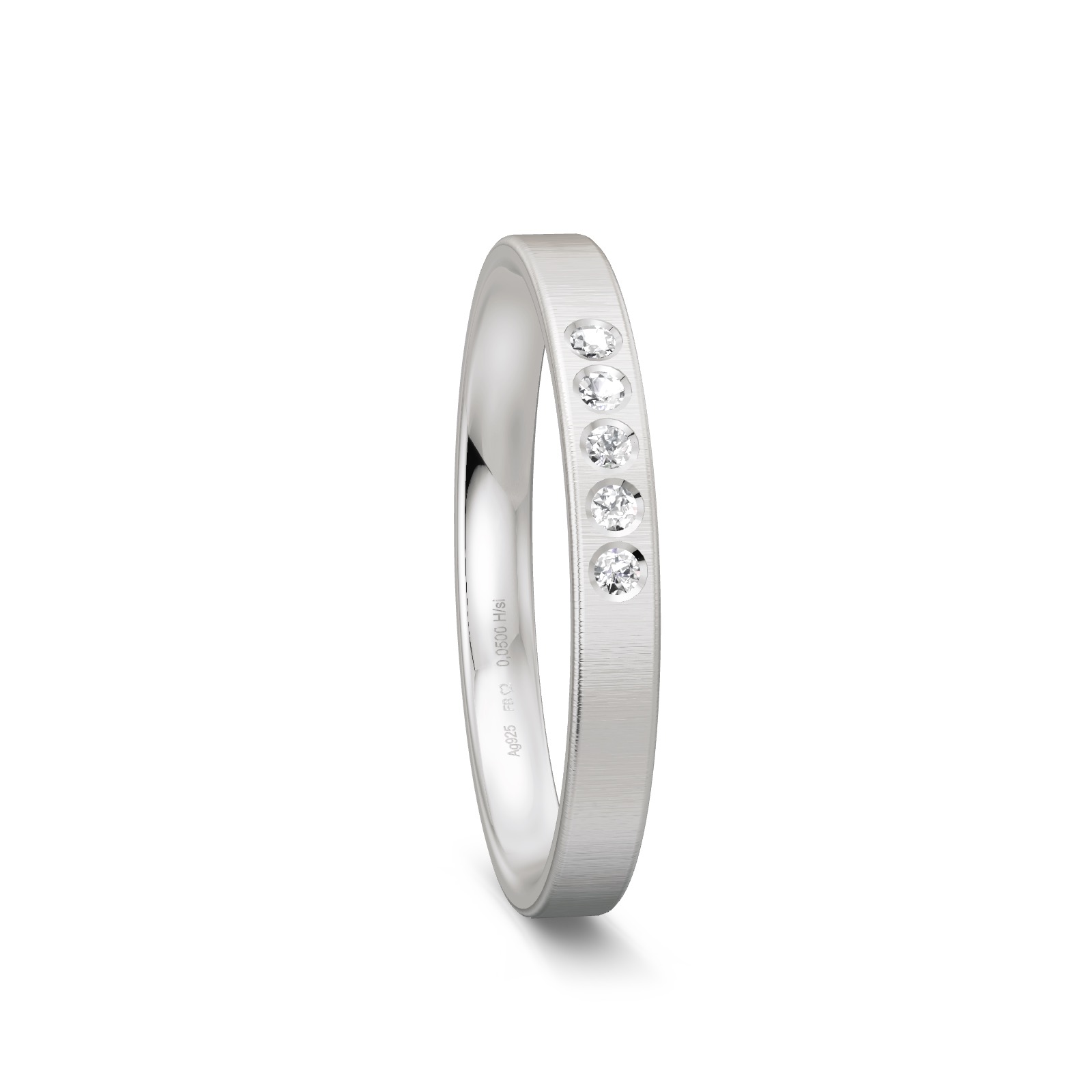 Schmaler quermatter Ehering aus Silber mit 5 Diamanten