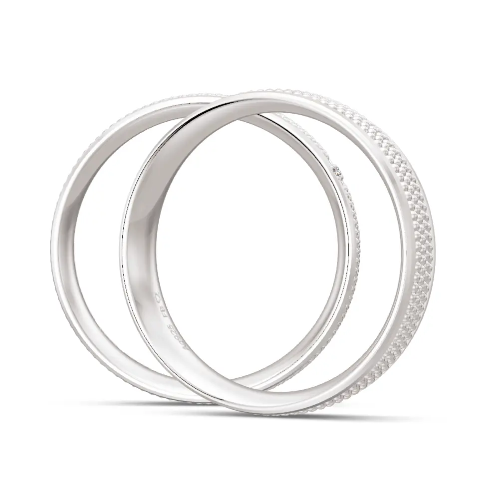 Sandmatte 925er Silber Trauringe mit Labor-Diamanten und Millgriff seitlich