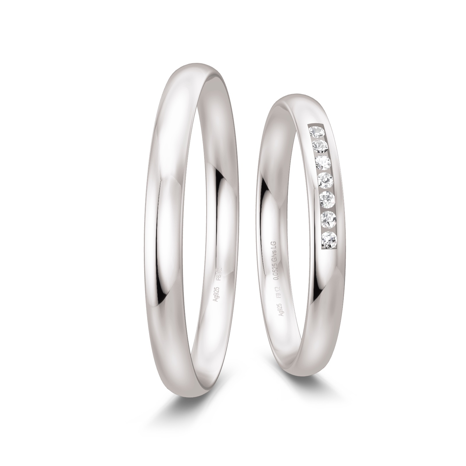 Eheringe aus Silber 925 mit 7 Diamanten und Polierung