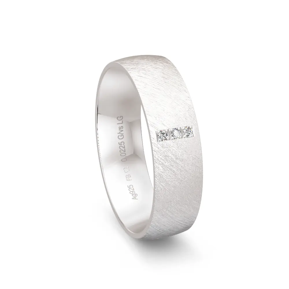 Breite 925er Silber Trauring mit drei Labor-Diamanten und Quermattierung