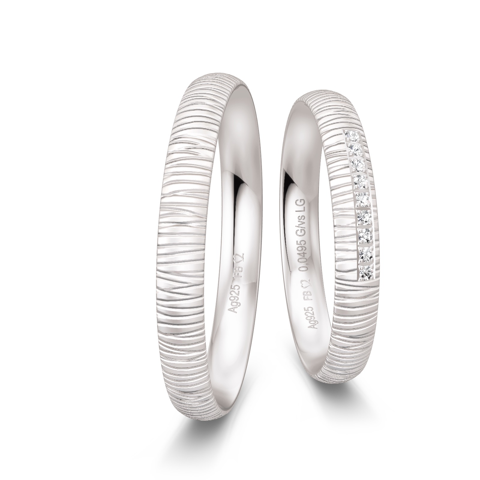 Silber 925 Eheringe in Rillen-Design mit Labor-Diamanten