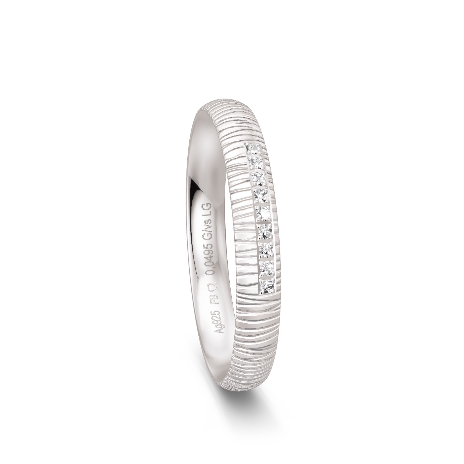 Silber 925 Ehering in Rillen-Design mit 9 Labor-Diamanten