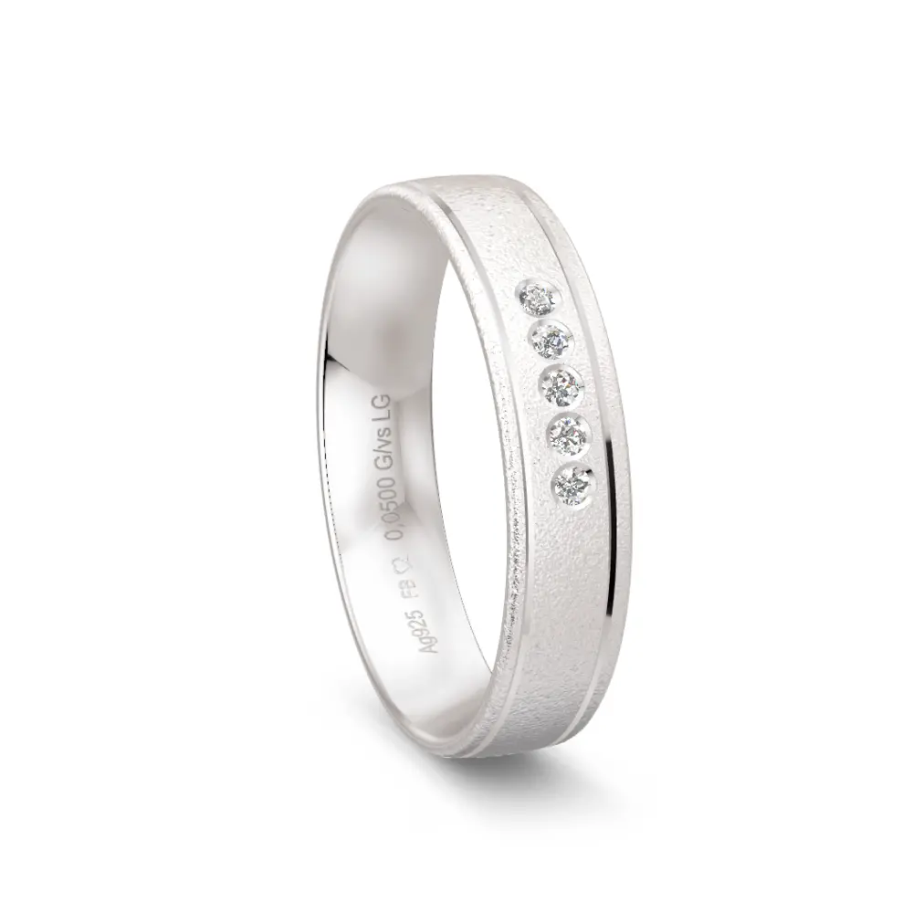 925er Silber Trauring in Sandmattierung mit 5 Labor-Diamanten