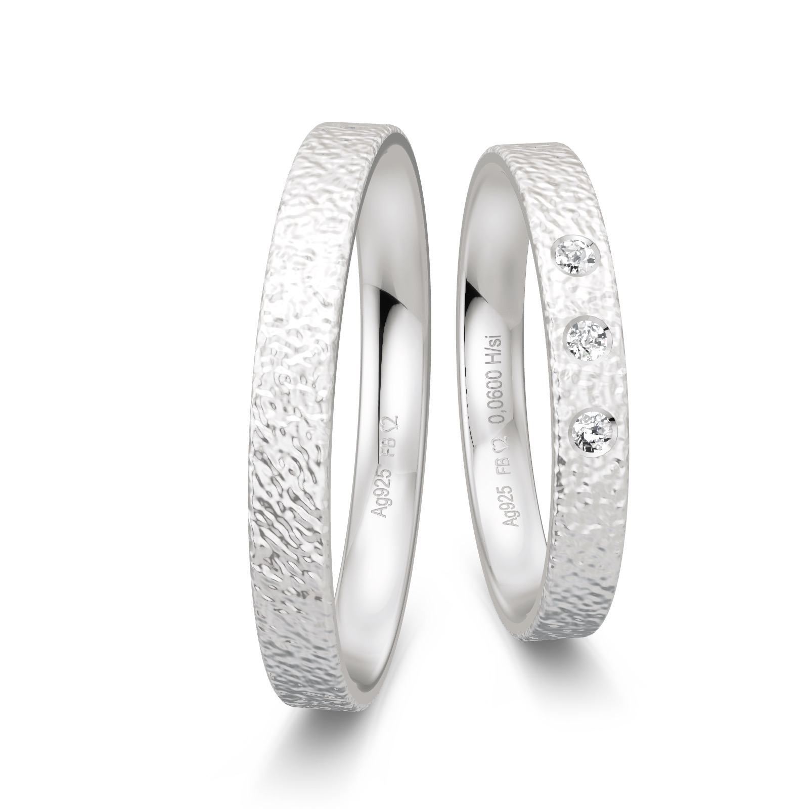 Eheringe aus Silber 925 mit 3 Diamanten und Strukturierung