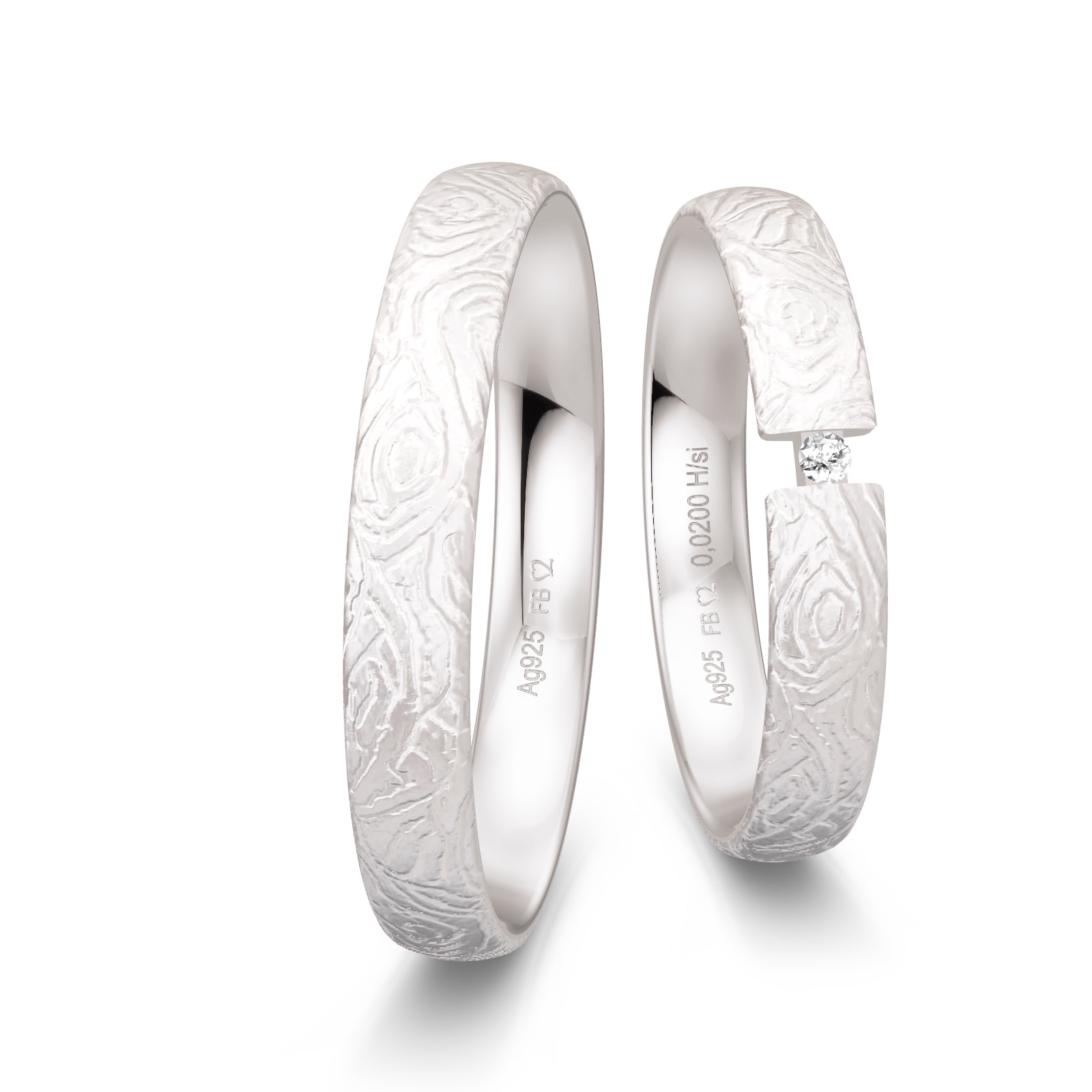 Silber 925 Eheringe mit matter Strukturierung und Diamant in Spannfassung