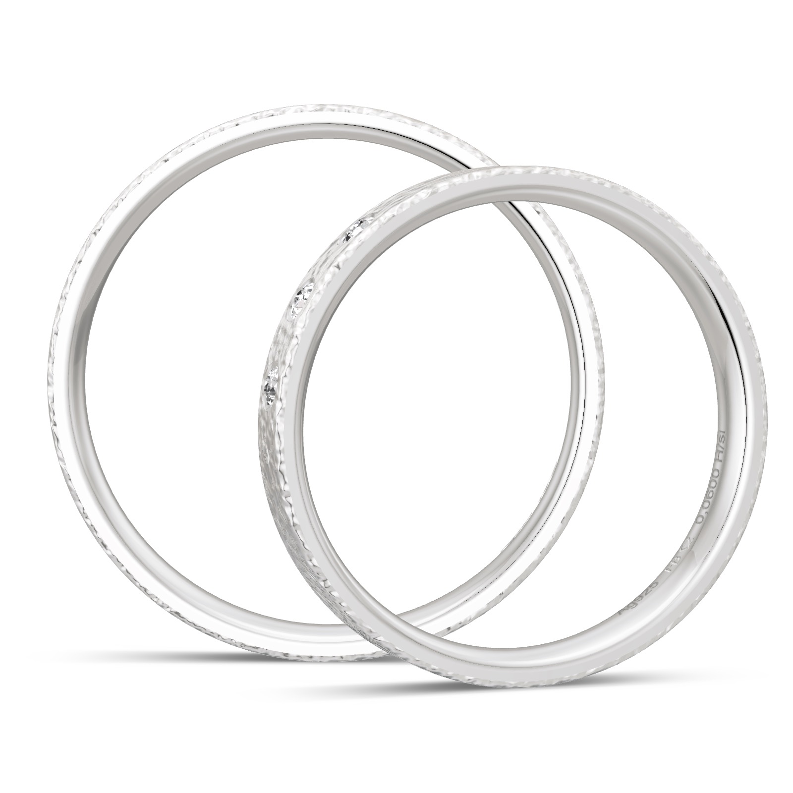 Eheringe aus Silber 925 mit 3 Diamanten und Strukturierung in Seitenansicht