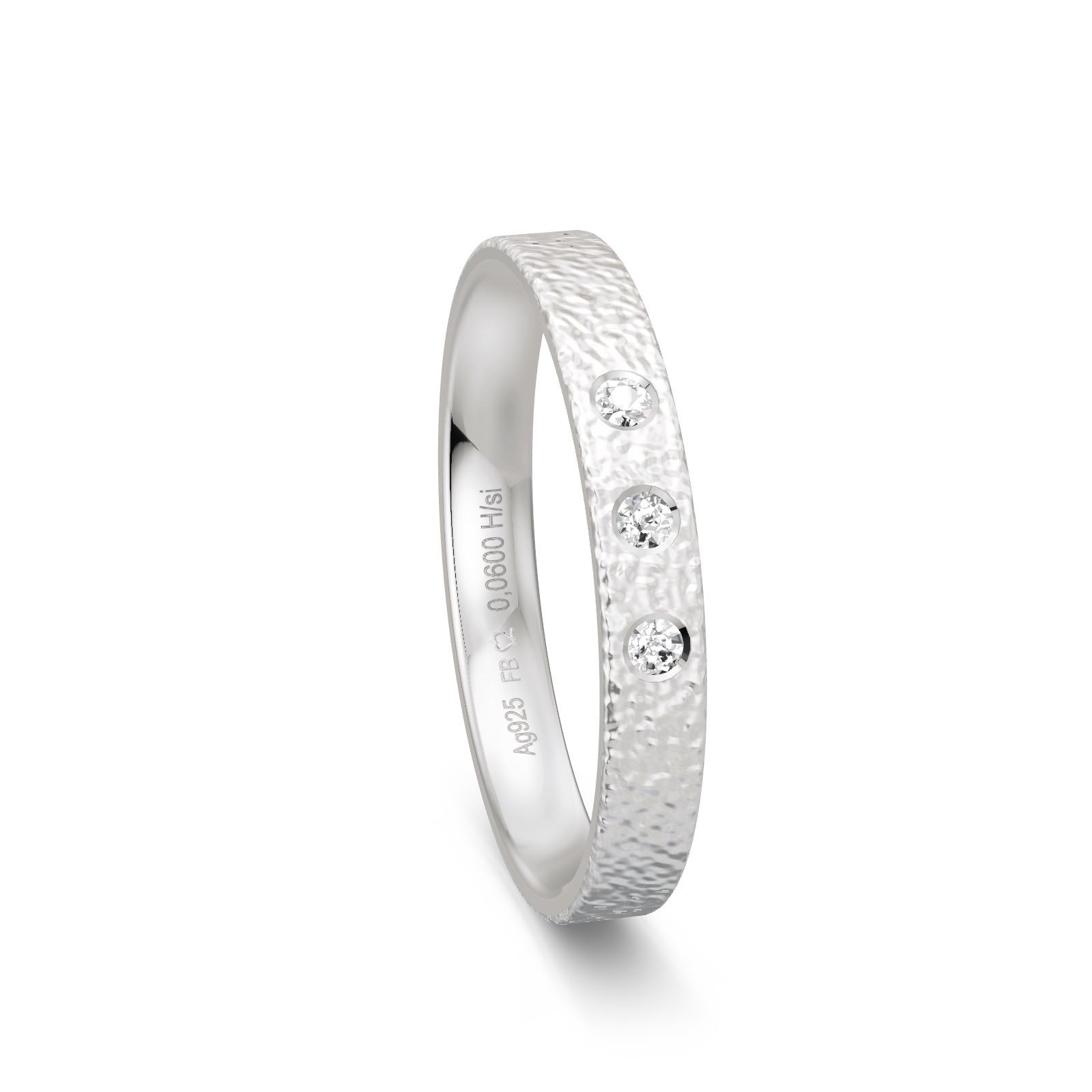 Ehering aus Silber 925 mit 3 Diamanten und Strukturierung
