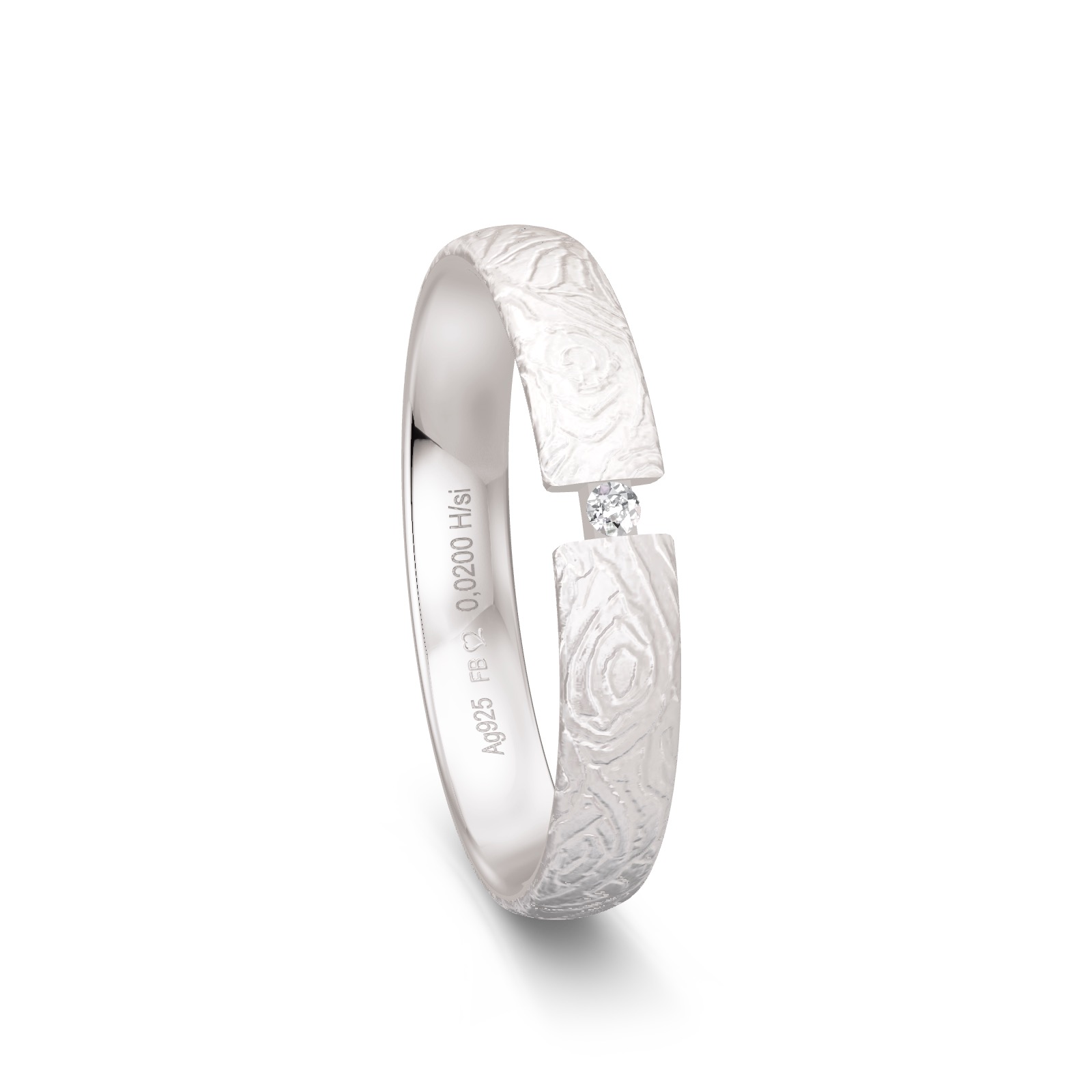 Silber 925 Ehering mit matter Strukturierung und Diamant in Spannfassung