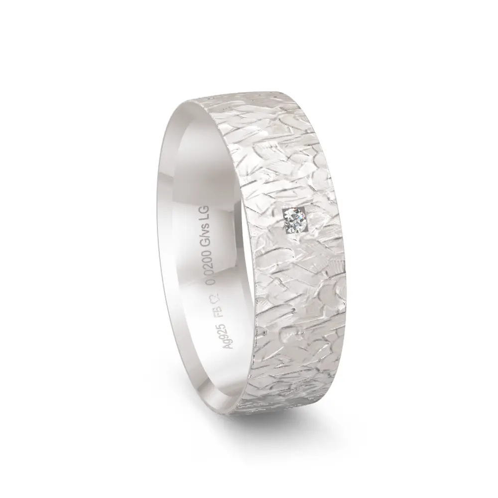 Breiter 925er Silber Trauring mit Strukturierung und Labor-Diamanten